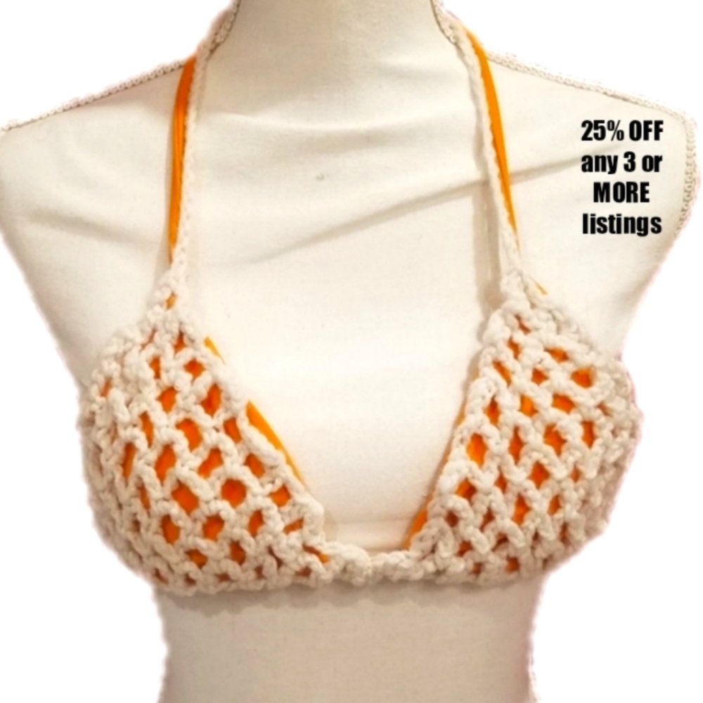 Crochet Vintage Bikini Triangle Top baby Tee Handmade Crop Size XS Unique Rare
